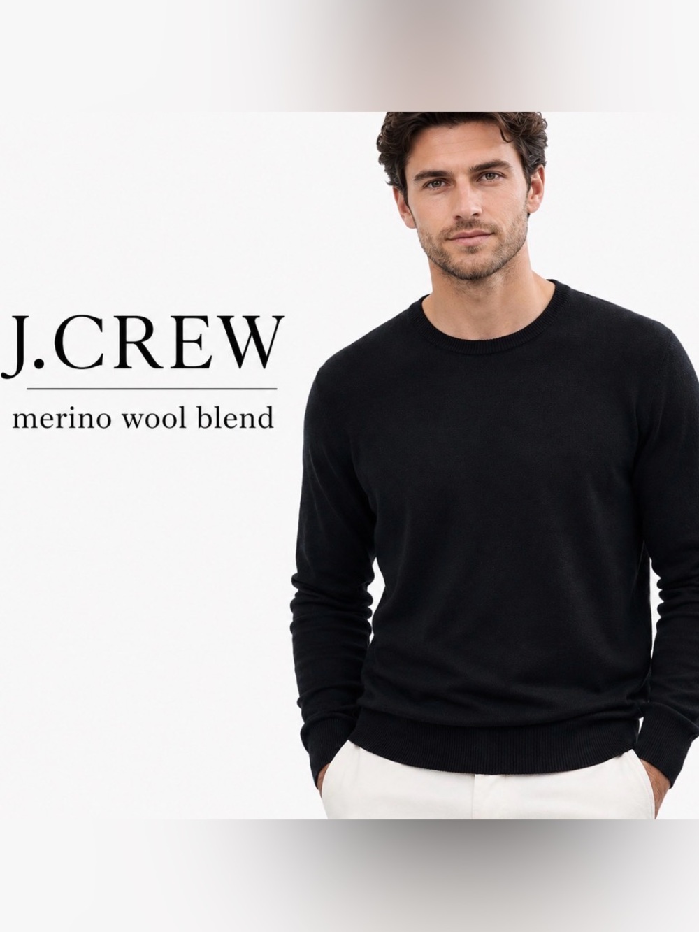 J.Crew Merino Wool Blend Sweater Mens Large Black Crew Neck Preppy Cottage Core
